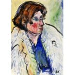 Original artwork attributed to Kokoschka portrait of a woman executed in colour showing her half-