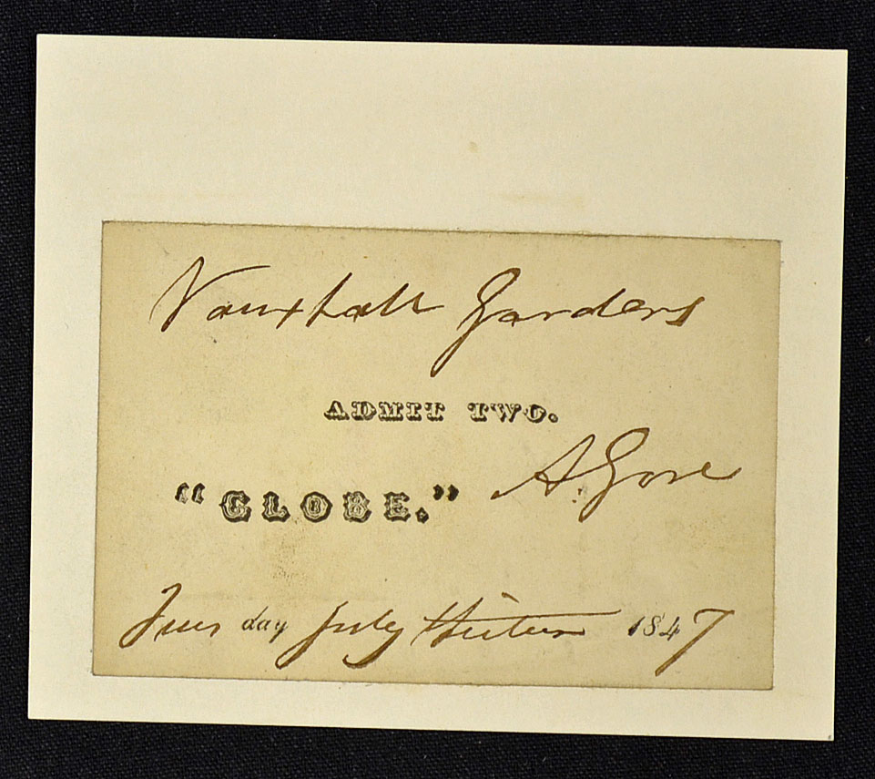 Rare Vauxhall Gardens Ticket 1847 for 'The Globe' within the Gardens ticket for two people. Black