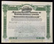 Australia Share Certificate The Midland Railway Company of Western Australia 1941 4% Loan,