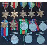 Selection of WWII Medals to include Burma Star, Africa Star, Atlantic Stars, 39/45 Star, Defence