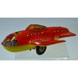 Mettoy "Dan Dare" Space Ship tinplate friction motor with sparkling jet - red, yellow - Fair