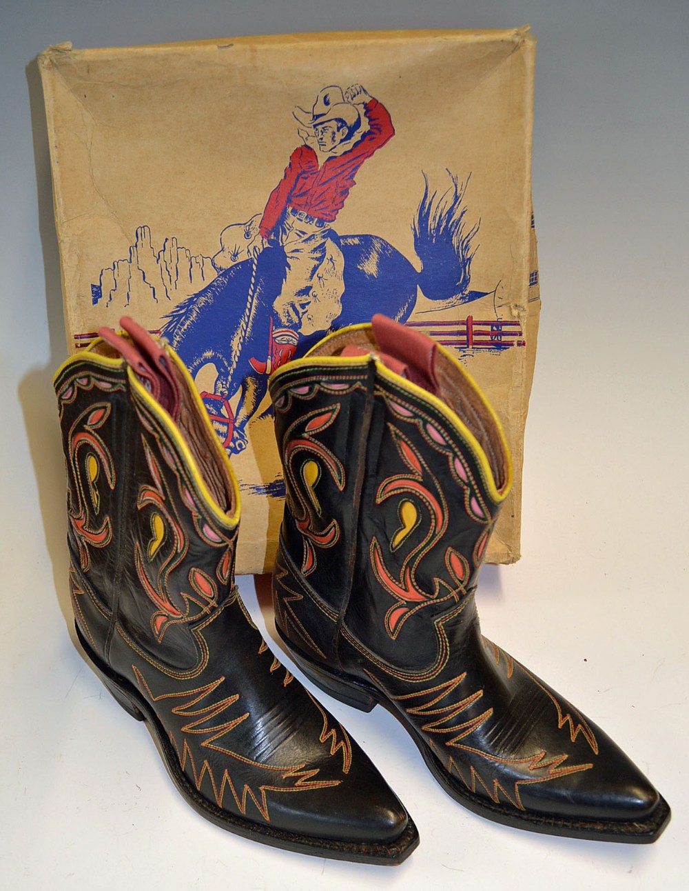 Pair of Children's Texas Cowboy Boots with colourful design in original box, boot having hardly