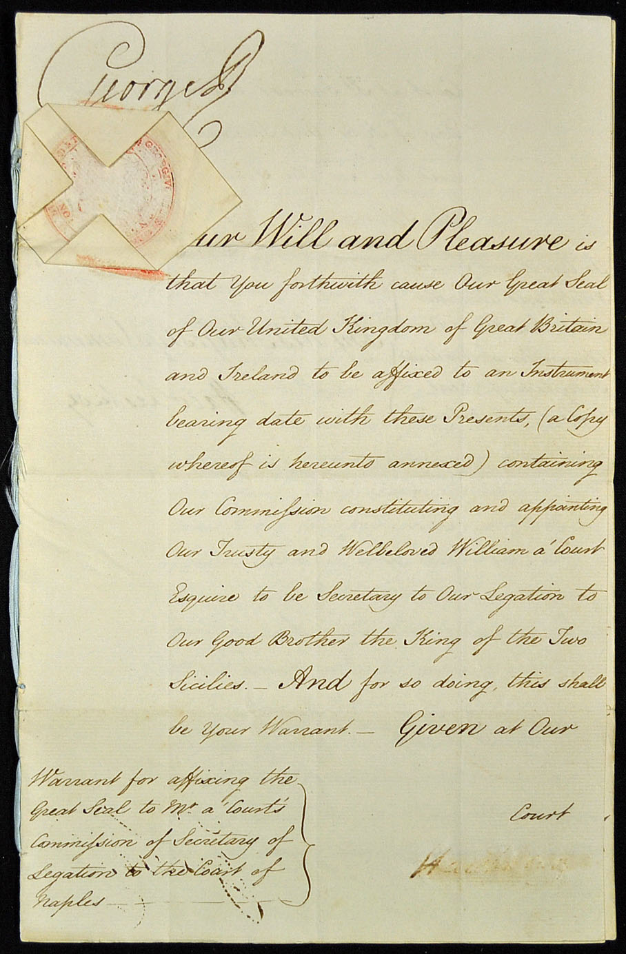 King George III 1801 Royal Warrant for the appointment of a legation secretary at Naples 'To our