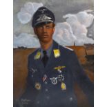 Original Artwork WWII Related portrait of a German aviator possibly an Austrian air ace showing