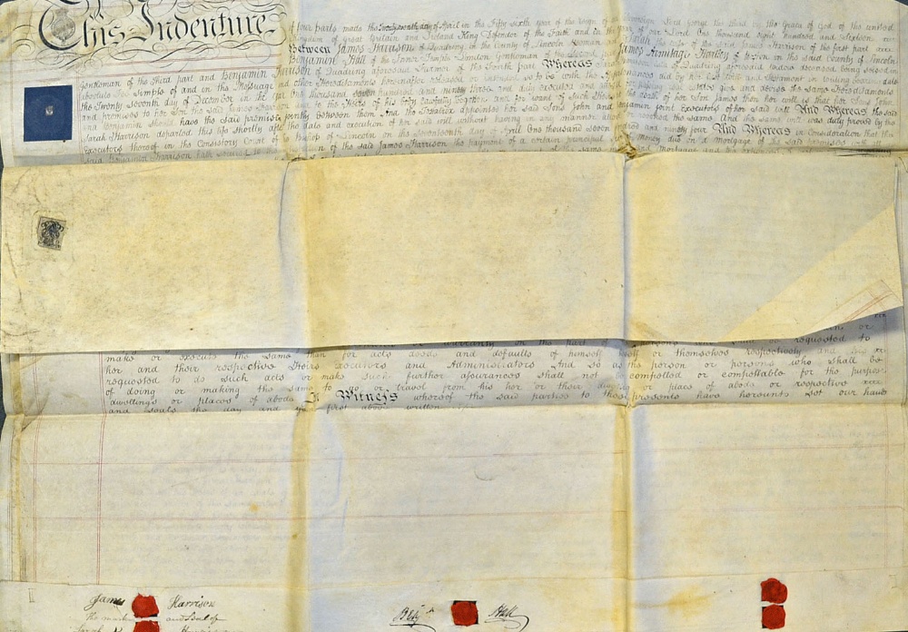 1816 Vellum Indenture Lincoln between James Harrison and Sarah Harrison, in relation to the Will