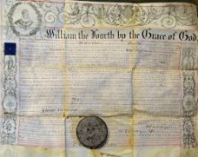 William IV Recovery Deed Document Cambridgeshire c1830s with ornate portrait and coat of arms on