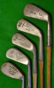 5x Tom Morris St Andrews portrait autographed broad sole golf irons - to include 2 Tom Stewart's a