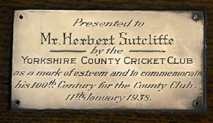 1938 Herbert Sutcliffe Century of Centuries for Yorkshire County Cricket Club presentation oak