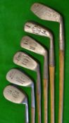 6x assorted golf irons to include jigger, iron with raised peak top line, mashie niblick, mashies