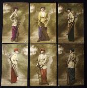 Set of 6x hand coloured "British Beauty" glamour girl golfing postcards - featuring Miss Kathleen