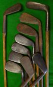 10x assorted golf irons ranging from mid irons, mashie niblicks, niblick and a putter - makers