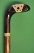Fine Sunday golf socket head walking stick fitted with dark stained fancy face putter handle stamped