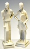 Pair of Art Deco white ceramic golfing and tennis figures - both stamped with the makers blue fox