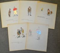 American School c1930s Set of 5 golfing watercolours/mixed media on card with Shakespeare quotes