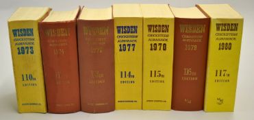 7x Wisden Cricketers Almanacs from 1973 to 1980 - to incl '73 (SB), '74 & '76(HB), '77 & '78 (SB) '