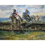 Horse racing signed ltd ed print titled - 'Over the Sticks' - signed in pencil by the artist