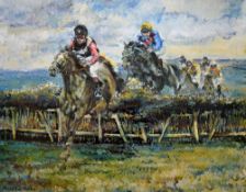 Horse racing signed ltd ed print titled - 'Over the Sticks' - signed in pencil by the artist