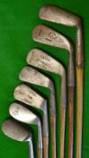 7x assorted golf irons to include driving iron, a mid iron, mashies, jigger, mashie niblick and