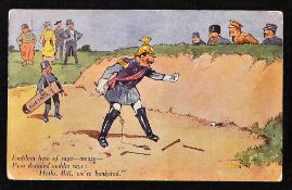 Scarce satirical coloured golfing postcard c1920 - depicting enraged Kaiser Bill in a bunker quote