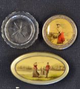 2x Vic ladies glass and plated small make-up pots - both with ladies playing golf to the lids