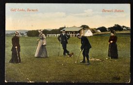 Early coloured Dornoch golfing postcard titled "Golf Links, Dornoch - Dornoch Station" - The