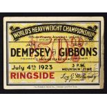 1923 World's Heavyweight Boxing Championship Jack Dempsey Vs Tom Gibbons Ringside seat ticket - held
