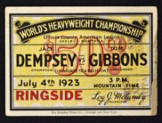 1923 World's Heavyweight Boxing Championship Jack Dempsey Vs Tom Gibbons Ringside seat ticket - held