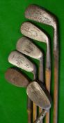 6x assorted golf irons to include driving iron, mashie, m/niblick and niblick - makers include Tom