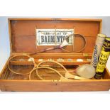 Badminton Set - large Victorian pine box c/w hinged lid to reveal makers label "The Game of