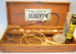 Badminton Set - large Victorian pine box c/w hinged lid to reveal makers label "The Game of