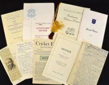 Collection of various cricketing dinner menus and hand written speeches and notes given by Herbert