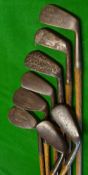 8x various irons to incl Shoorflite large head niblick, King of Clubs niblick stamped L, and 6x