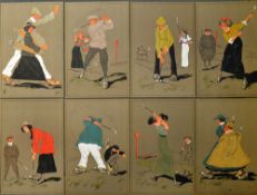 Fine set of 8x original golfing mixed foursomes cartoon sketches c1906 - on matching contrasting