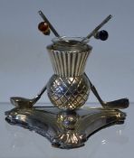 Fine silver plated Scottish thistle golfing candle stick holder - mounted with crossed golf clubs