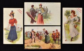 4x early advertising golfing related colour postcards to incl Sainsbury's "The Housewives Budget"