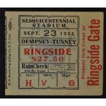 1926 World's Heavyweight Boxing Championship Jack Dempsey vs Tunney boxing ticket stub - held on