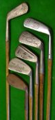 6x assorted irons to incl Hendry & Bishop left hand cleek, James watt deep face mashie, Auchterlonie