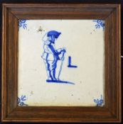 Early Dutch delft blue and white golf tile - hand painted with a Kolf scene - mounted in wooden