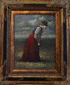 Dawson, R (After) Large OLEOGRAPH OF VIC LADY GOLFER PUTTING - in ornate gilt swept frame -
