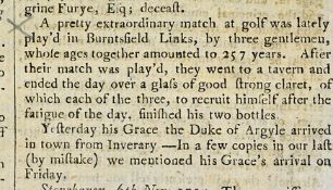 1759 The Edinburgh Evening Courant Golf Announcement - dated Tuesday, November 13th 1759,