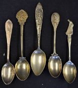 Interesting collection of 5 various silver golfing teaspoons with finial golfing figures - 4x with