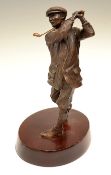 Large solid bronze figure of a Victorian golfer in the style of Harry Vardon - mounted on an oval