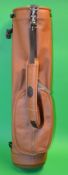Fine and new large light tanned leather golf bag - made in England - circular shaped with 3