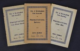 3x early City of Birmingham Parks Department Municipal Golf Links Handbooks from 1927/28 to