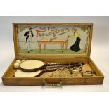 Scarce Table Tennis Boxed Set c1900 - titled "The New Table Tennis" comprising 2x battledores, brass
