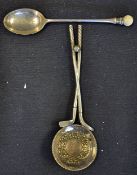 2x interesting golfing teaspoons to incl a rare Victorian white metal golfing wine tasting spoon