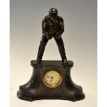 C B Fry - scarce Victorian bronze colour mantle clock mounted with a spelter wicket keeper figure of