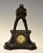 C B Fry - scarce Victorian bronze colour mantle clock mounted with a spelter wicket keeper figure of