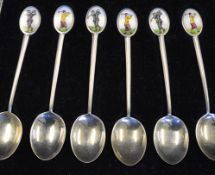 Fine set of 6x silver and enamel golfing coffee spoons c1930s - with oval enamel finials of