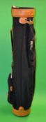 Fine and new black canvas and light tanned leather golf bag - made in England - circular shaped with